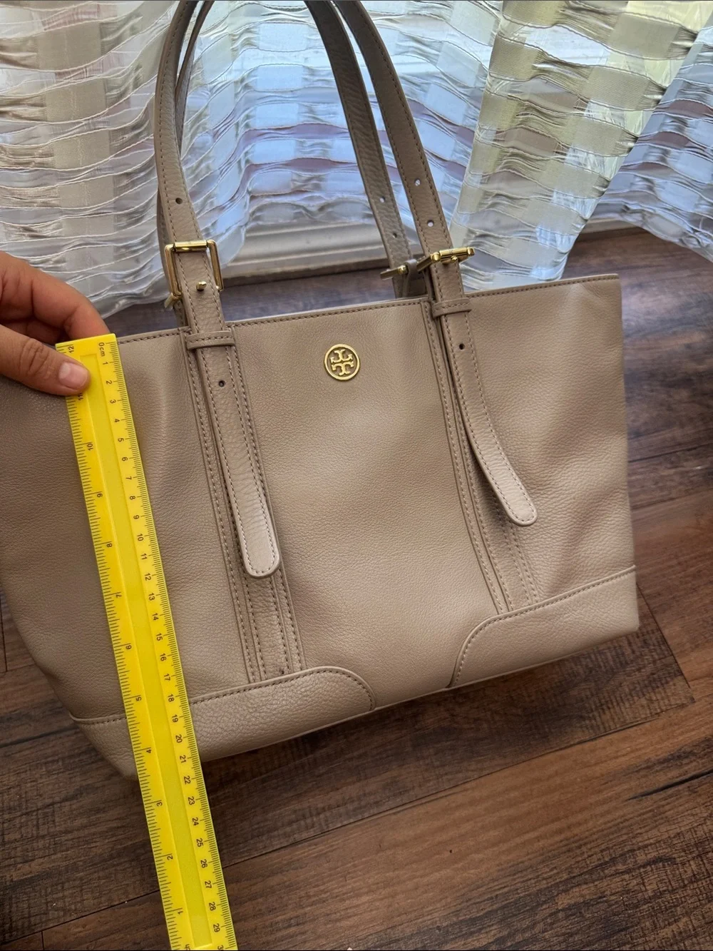 Tory Burch gray Pebbled Leather Tote with Gold Logo